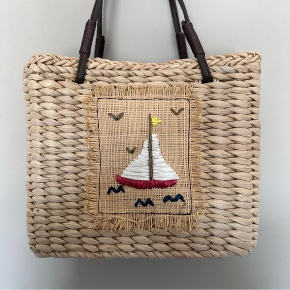 Woven Straw Tote Bag with Sailboat Embroidery - Natural - Picture 2 of 5